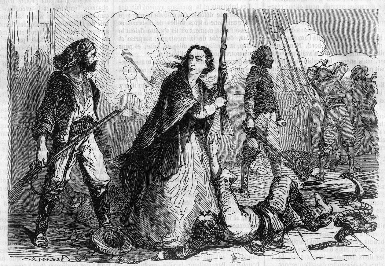 ローマの連載。"アレクサンドル・デュマ(1802-1870)の「ジョセフ・ガリバルディの追悼」。ジュゼッペ・ガリバルディの妻、アニタ・ガリバルディ（1821-1849）がライフル銃を手に戦闘に参加している様子。"Les bons romances "に掲載されたエングレーヴィング 作： フランス語学校