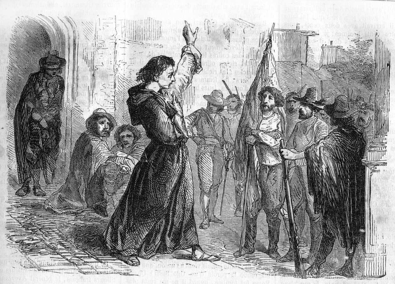 ローマの連載。アレクサンドル・デュマ（1802-1870）の「ジョゼフ・ガリバルディの追悼」。1848年、リソルジメントへの参加を住民に呼びかけるために群衆を煽るウーゴ・バッシ（1800-1849）。"Les bons romances "のエングレーヴィング 作： フランス語学校