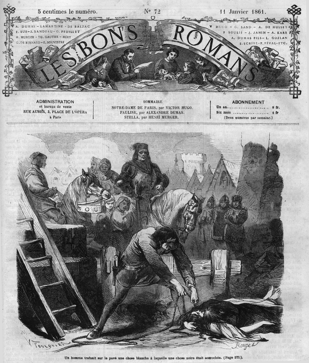 ローマの連載。ヴィクトル・ユーゴー（1802-1885）の「ノートルダム・ド・パリ」。男性が2人の女性を舗道で水切りしている。"Les bons romances "に掲載されたエングレーヴィング 作： フランス語学校