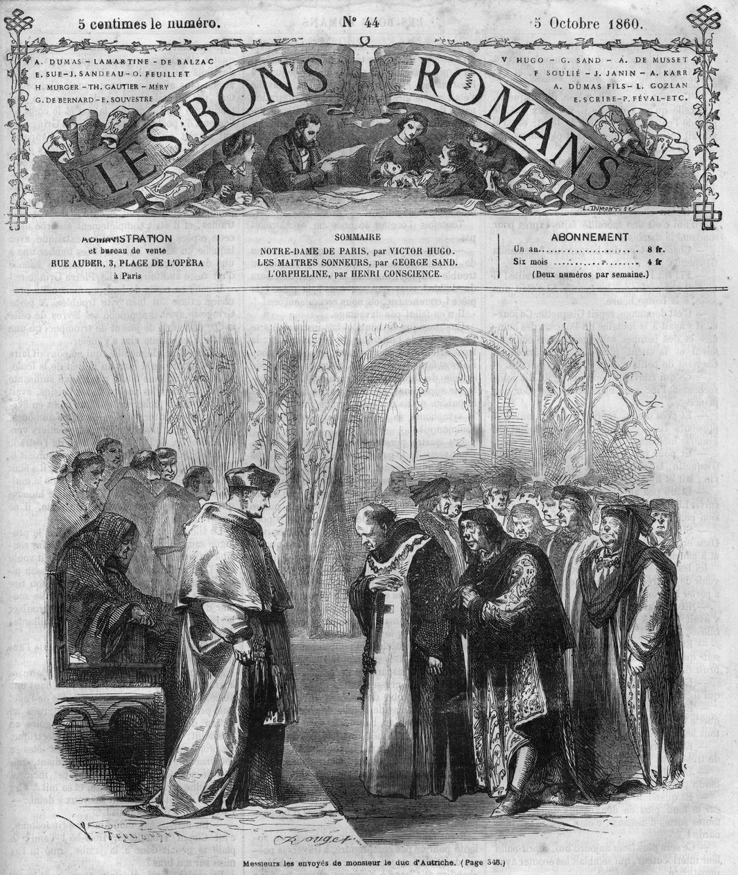 ローマの連載。"ヴィクトル・ユーゴー（1802-1885）の「ノートルダム・ド・パリ」。"Les bons romances "に掲載されたエングレーヴィング 作： フランス語学校