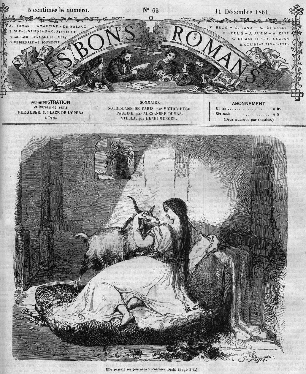 ローマの連載。"ヴィクトル・ユーゴー(1802-1885)の「ノートルダム・ド・パリ」。エスメラルダとヤギ。"Les bons romances "に掲載されたエングレーヴィング 作： フランス語学校