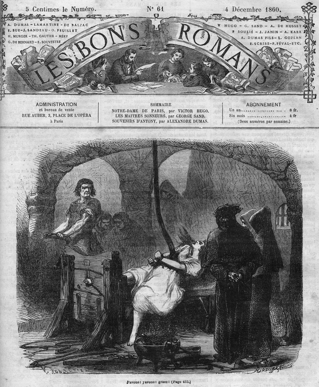 ローマの連載。ヴィクトル・ユーゴー(1802-1885)の「ノートルダム・ド・パリ」。エスメラルダの取調べと拷問。"Les bons romances "に掲載されたエングレーヴィング 作： フランス語学校