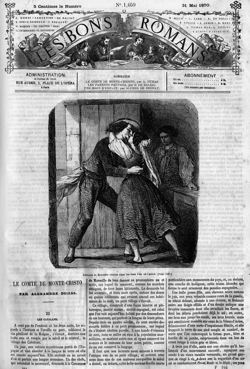 ローマの連載。アレクサンドル・デュマ（1802-1870）の「モンテ・クリスト伯」（Monte-Cristo）。エドモンド・ダンテスとメルセデスのセックスシーン。Les bons romances "のエングレーヴィング 作： フランス語学校