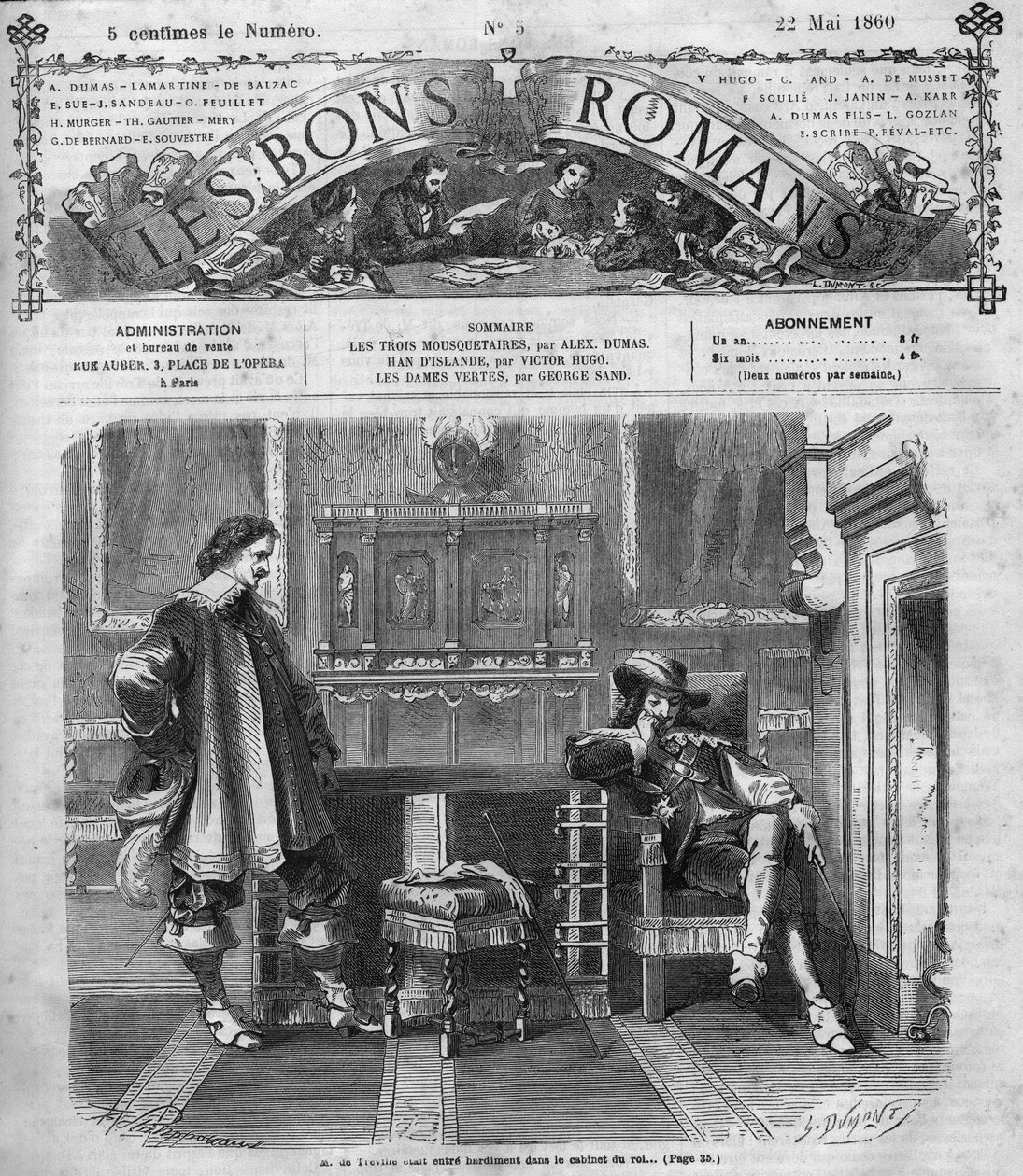 ローマの連載。"アレクサンドル・デュマ(1802-1870)の「三銃士」。Monsieur de Trevilleは果敢にも王室に復帰する。"Les bons romances "に掲載されたエングレーヴィング 作： フランス語学校