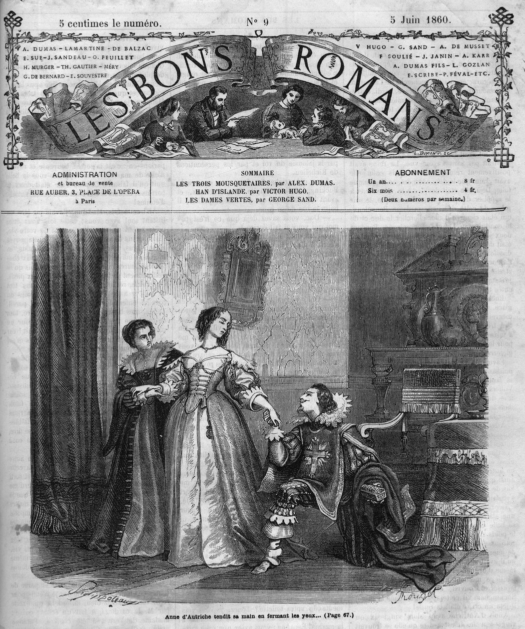 ローマの連載。アレクサンドル・デュマ(1802-1870)の「三銃士」。アンヌ・ドートリッシュ（1601-1666）がバッキンガム公爵（ジョルジュ・ヴィリエ）に贈る、ダイヤモンドのフェレットが入った箱。第十二章のイラスト。レ・ボン・ロマンス」の挿絵 作： フランス語学校