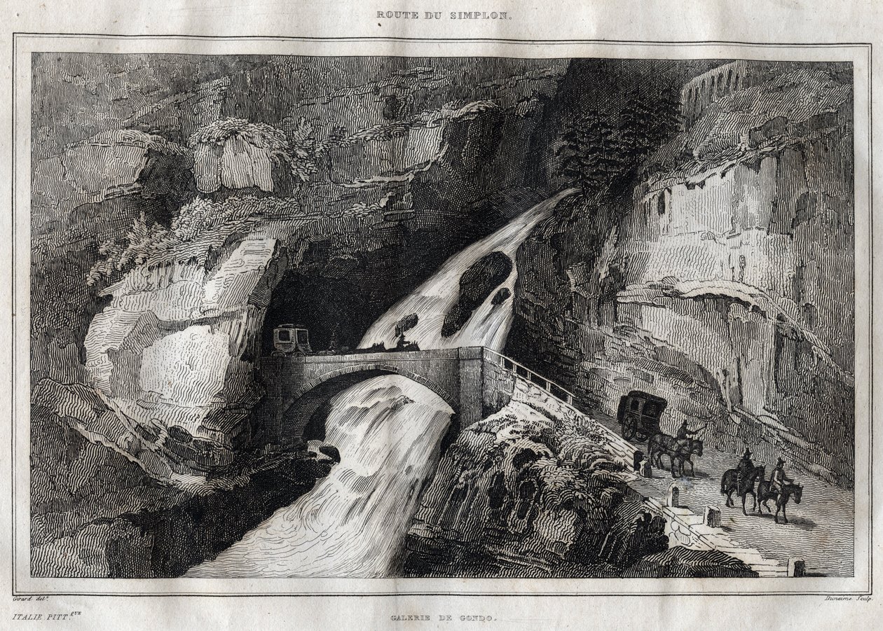 Route du Simplon - M. de Norvins, Ch. Nodier 1834-1836による "Picturesque Italy "からのエングレーヴィング。 作： フランス語学校