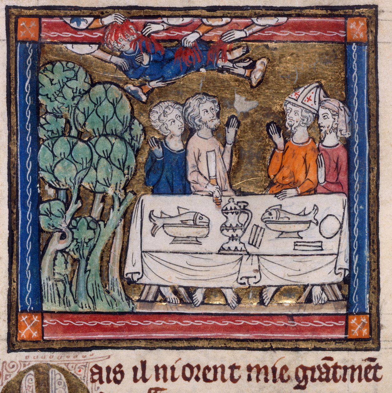 Royal 14 E. III、f.76v Seven Hands Cast Fire on Moys、「The Story of the Holy Grail」のイラスト (ベラム) 作： フランス語学校