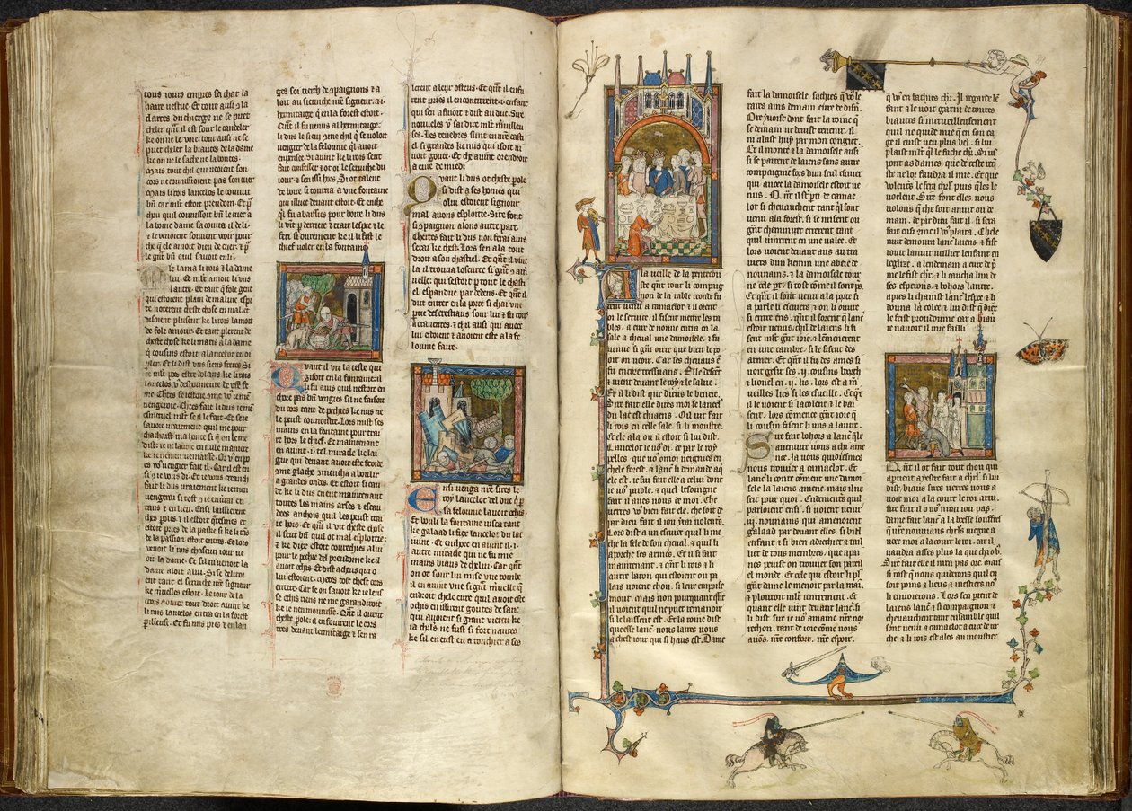 Royal 14 E. III, ff.88v-89 ランスロットは、斬首された祖父である王の頭を沸騰した井戸から取り出しました。 2人の騎士の上で崩壊する建物。 右、祝宴に着席するアーサーとギネヴィアのミニチュア、「Estoire del Saint Graal」より 作： フランス語学校