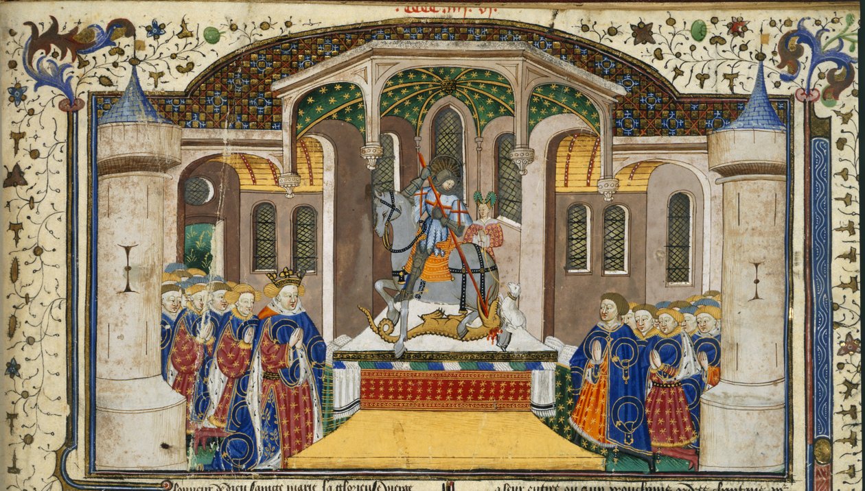 ロイヤル 15 E. VI、f.439 ヘンリー 6 世王と騎士団が祭壇の周りに集まっており、聖ジョージとドラゴンがその上にあり、「シュルーズベリー タルボット ロマンスの本」、ルーアン、1445 年頃（インク、色、 ベラムに金） 作： フランス語学校