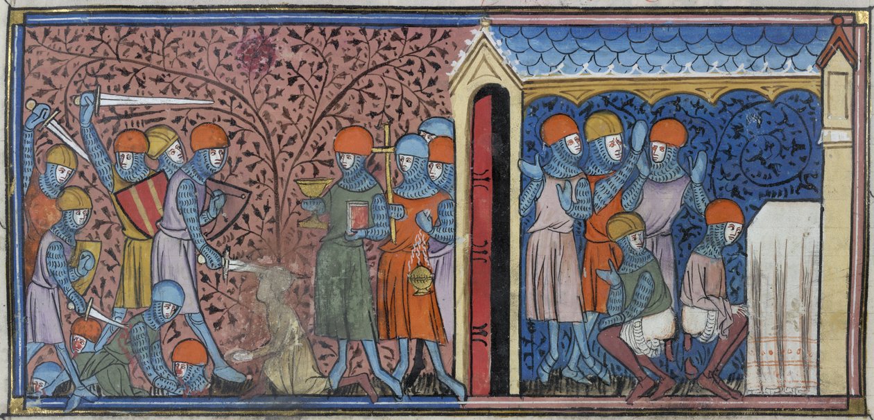 Royal 16 G. VI、f.185vコルドバのマンスールの襲撃、「Chroniques de France ou de Saint Denis」のイラスト（ベラム） 作： フランス語学校