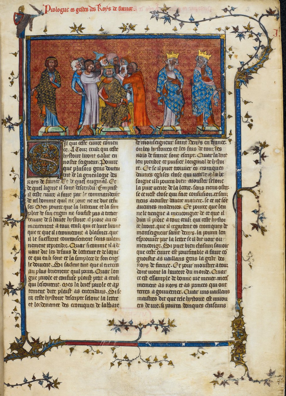 Royal 16 G. VI、f.3 ファラモンの戴冠式、「Chroniques de France」のイラスト、1332年頃（ベラム） 作： フランス語学校
