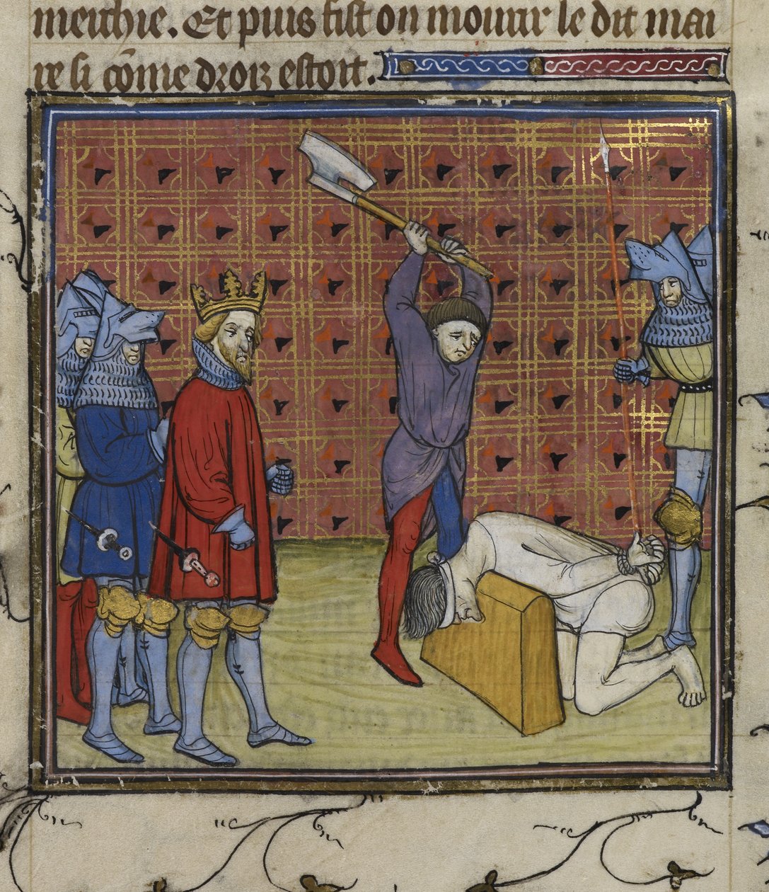 Royal 20 C. VII f.134v フランスの貴族に対するジャクリー蜂起の指導者は、ナバラ王の命令で斬首された、「Chroniques de France ou de St Denis」から 作： フランス語学校