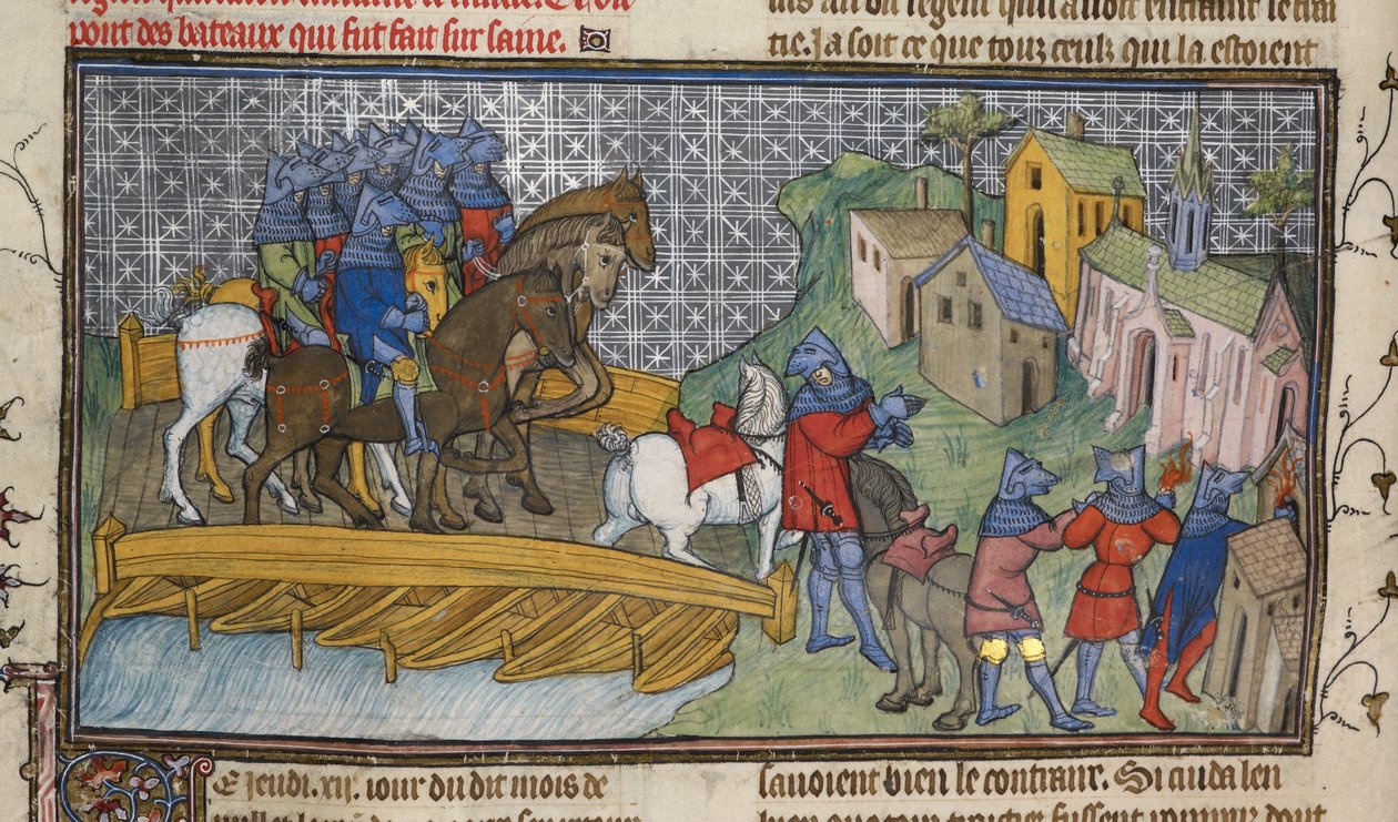Royal 20 C. VII、f.136v セーヌ川の通路、「Chroniques de France ou de St. Denis」のイラスト（ベラム） 作： フランス語学校