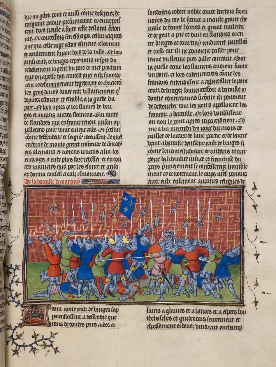 Royal 20 C. VII、f.34 クルトレーの戦い、「Chroniques de France ou de Saint Denis」のイラスト（ベラム） 作： フランス語学校
