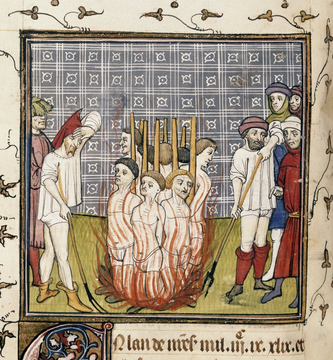 Royal 20 C. VII、f.44v テンプル騎士団の焼き討ち、「Chroniques de France ou de St. Denis」のイラスト (ベラム) 作： フランス語学校