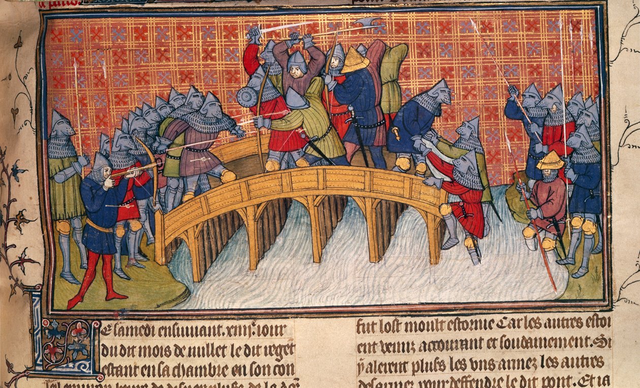 Royal 20 C. VII、fol.137 百年戦争中のセーヌ橋の戦い、「Chroniques de France ou de St. Denis」（ベラム） 作： フランス語学校