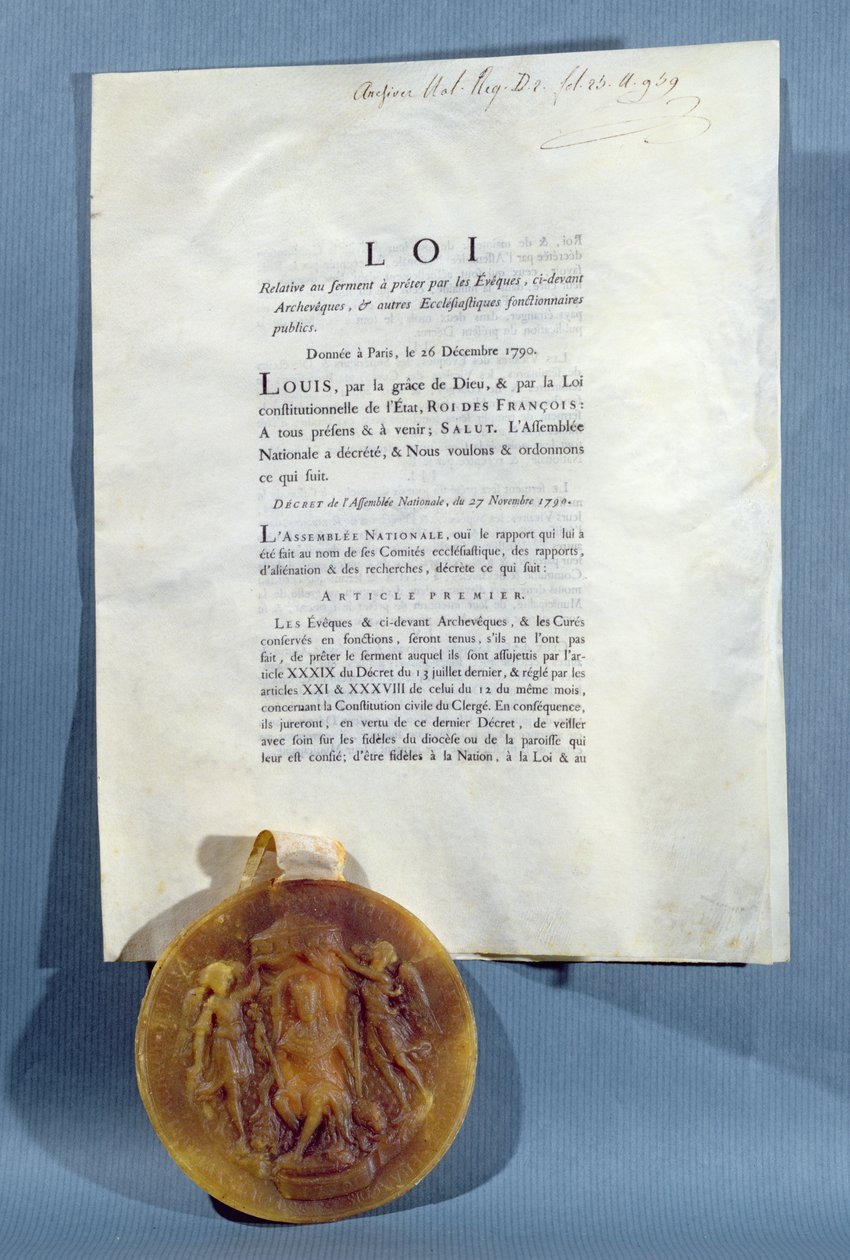 1790年12月16日、聖職者の民事憲法に対する忠誠の誓いを誓うフランスの司教と司祭の義務を確認するルイ16世の王立布告（印刷された紙とワックスのシール） 作： フランス語学校