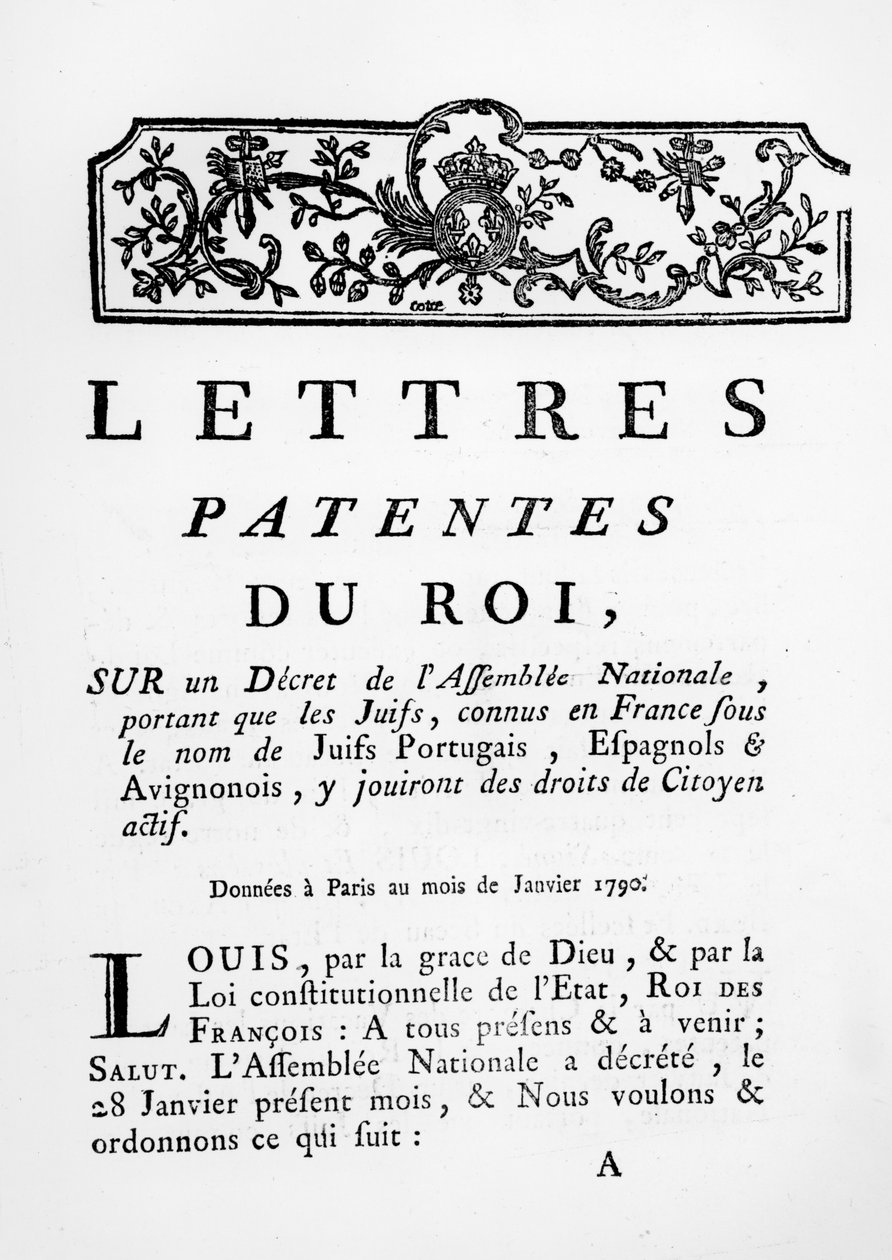 1790年1月28日、フランス、パリのポルトガル、スペイン、アビニョーノのユダヤ人に平等の権利を付与するロイヤルレターの特許（695057も参照） 作： フランス語学校