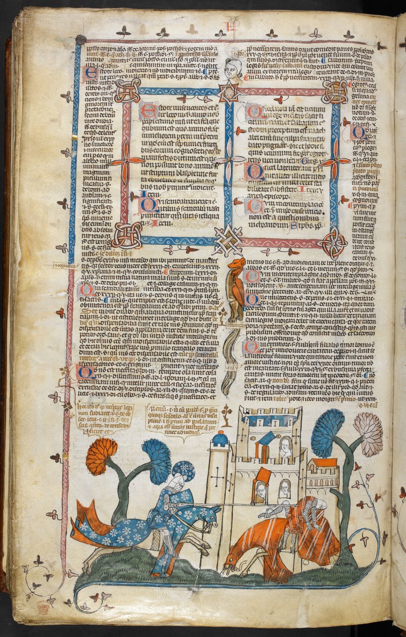 Royal MS 10 E IV f.313v、ある騎士が城の前で別の騎士を馬から降ろすページの基本シーン、c.1300-40 (羊皮紙にペンとインクとテンペラ) 作： フランス語学校