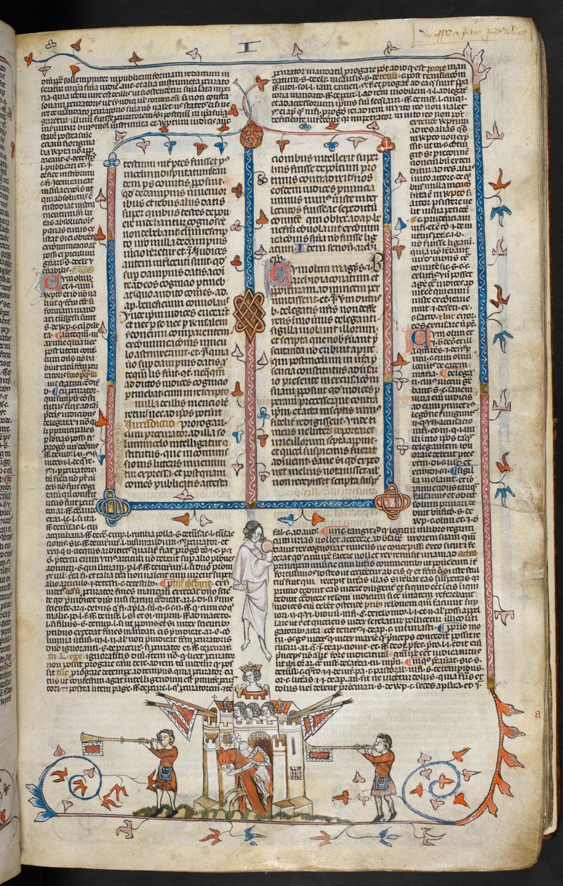 ロイヤル MS 10 E IV f.66r、騎乗した騎士が城から出てくるページの基本シーン、1300～40 年頃（羊皮紙にペンとインク、テンペラ） 作： フランス語学校