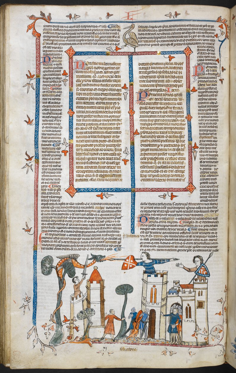 ロイヤル MS 10 E IV f.88v、城を攻撃するドラゴンの基本ページ シーン、1300～40 年頃（羊皮紙にペンとインク、テンペラ） 作： フランス語学校