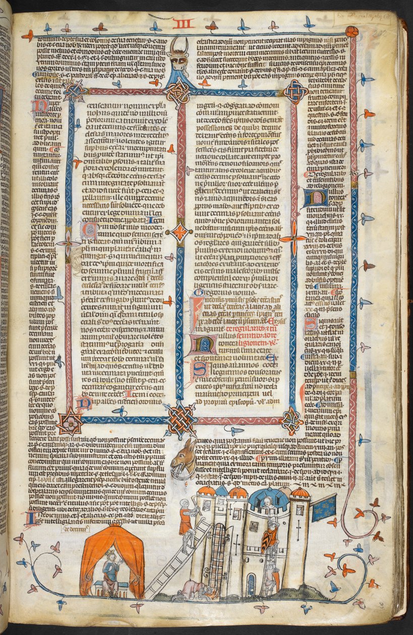 Royal MS 10 iv f.202r 要塞化された城と周辺装飾の攻撃、「The Smithfield Decretals」のイラスト (ベラム) 作： フランス語学校