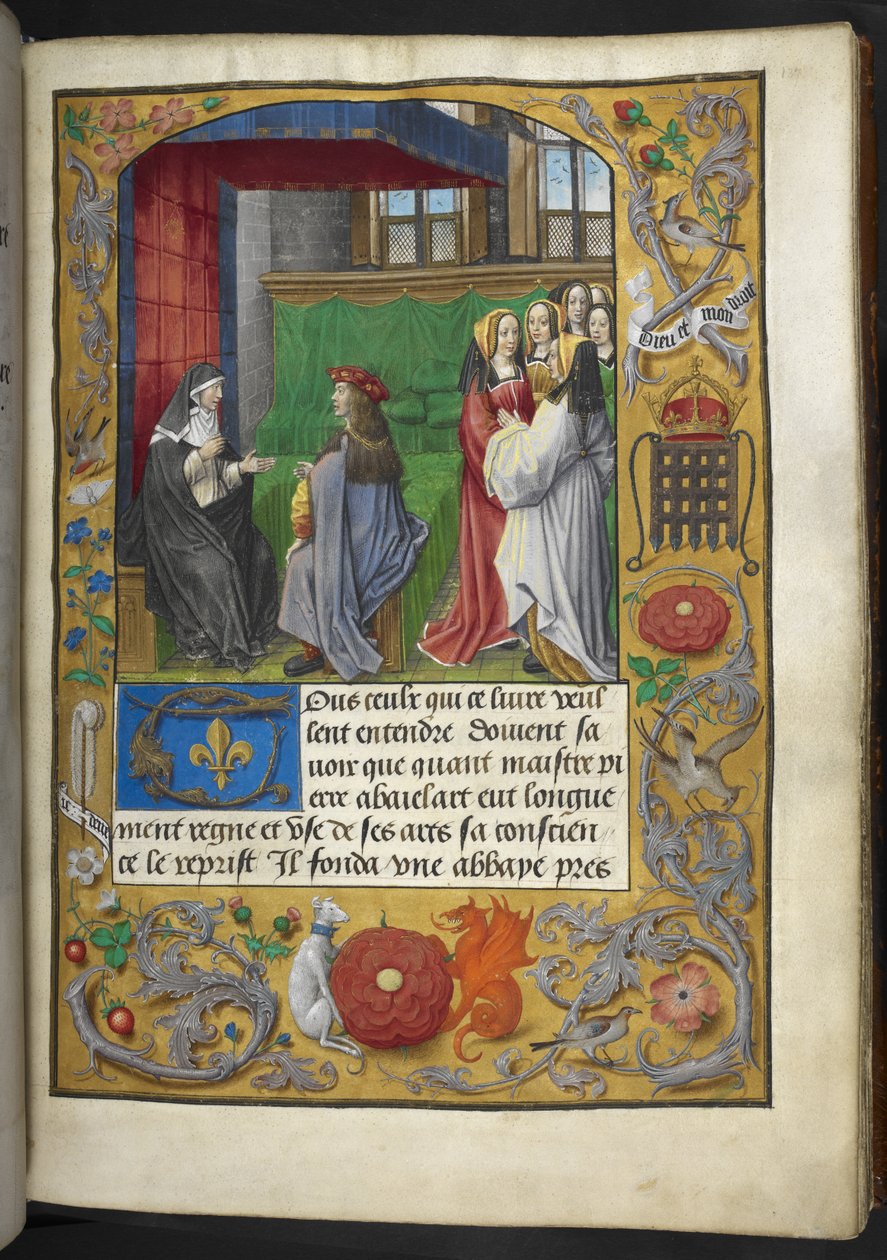 ロイヤル MS 16 F II f.137r 「シャルル ドルレアン、詩」よりイラスト。 疑似エロワーズ、「Les epistres de labesse Heloys du Paraclit, qui abaye maître Abaielart fonta aincois qu