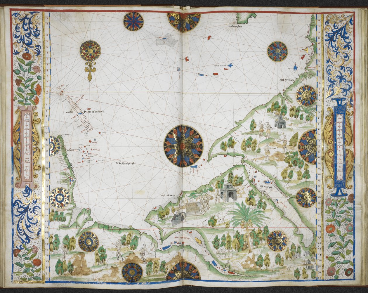 ロイヤル MS 20 E IX f.11v から f.12r コモリン岬からデルガド岬までのアジアとアフリカの海岸線図、ペルシャ湾と紅海を含む、「イドログラフィーのボケ」（「ロッツ アトラス」） Jean Rotz著、c.1535-42（ベラムにインク、カラー、ゴールド） 作： フランス語学校