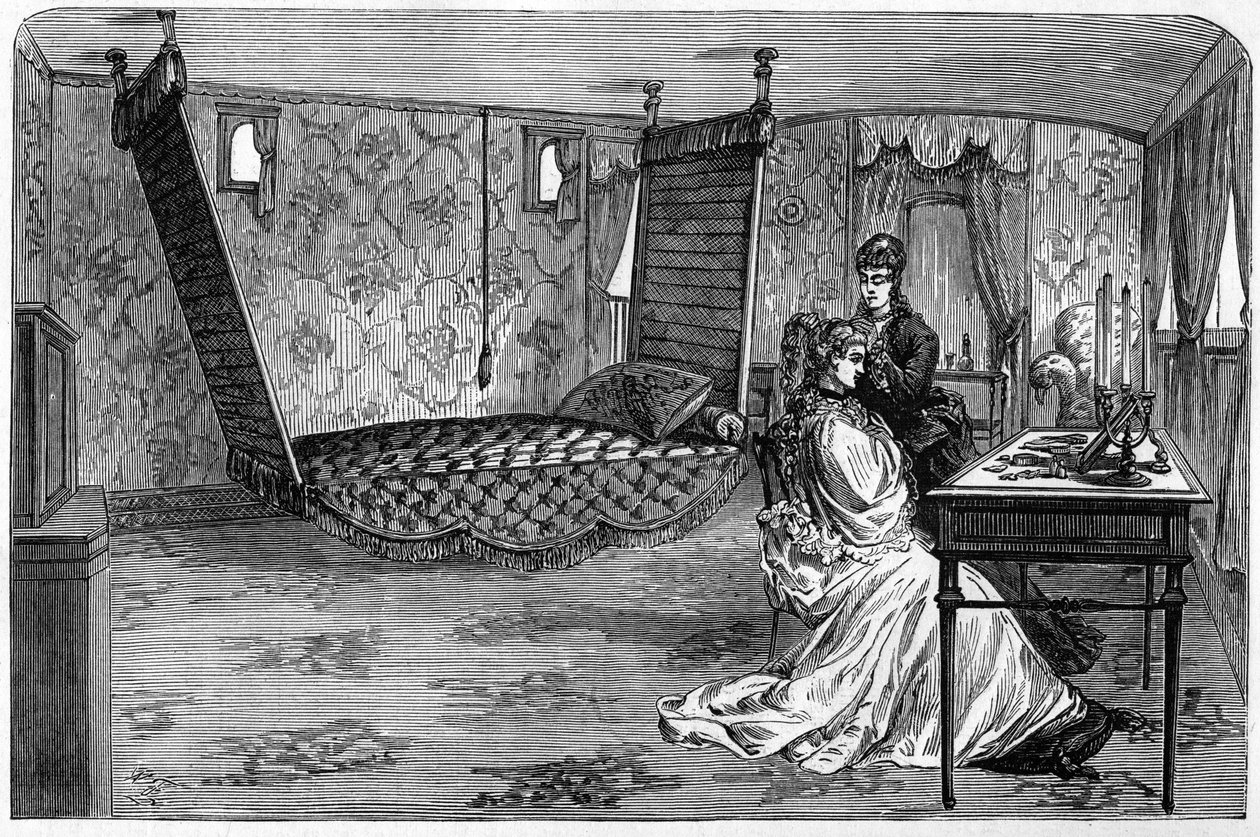 1874年にエディンバラ公と公爵夫人が使用したロシア帝国の列車：ベッドルーム・ワゴン。1874年4月6日付「Le Monde Illustré」第886号に掲載された版画。 作： フランス語学校