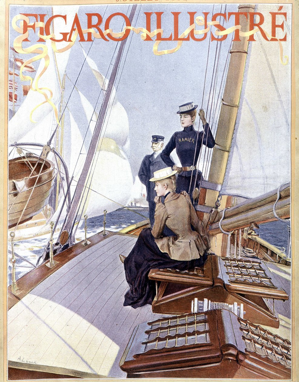 セーリング：ボートのデッキに立つ女性たち - 1891年の「フィガロ・イラストレーション」に掲載されたドローイング、アール・デコ。 作： フランス語学校
