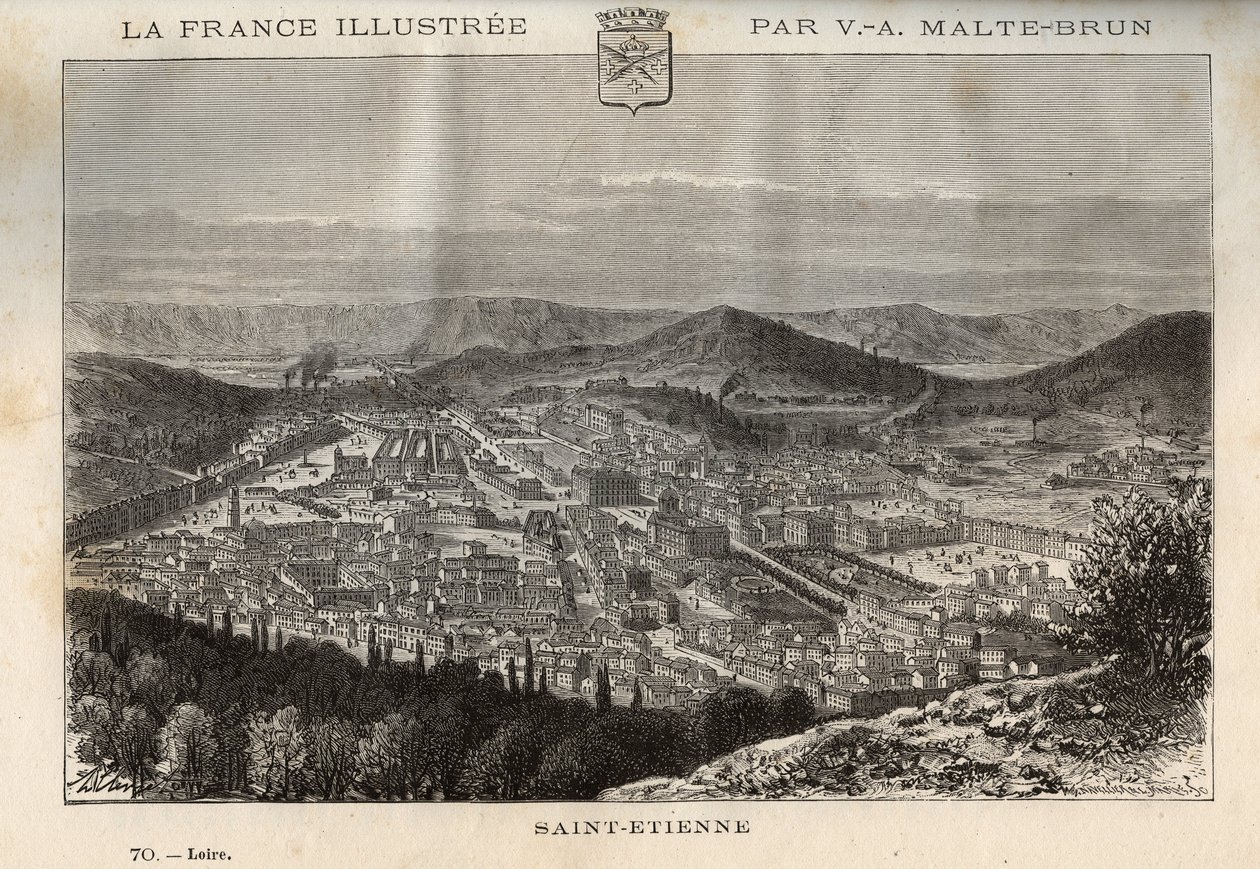 サン＝テティエンヌ（Saint Etienne） - V.-A.による「France illustree: geography, history, statistical administration」に掲載された彫刻。Malt-Brown著「France illustree: geography, history, statistical administration」の版画。1884 作： フランス語学校