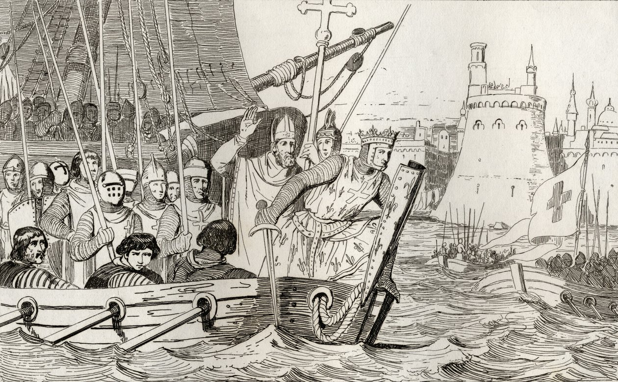 セントルイス9世（1214-70）は、1840年に出版されたコラートの「フランスの歴史」から部隊を率いて戦いました。 作： フランス語学校