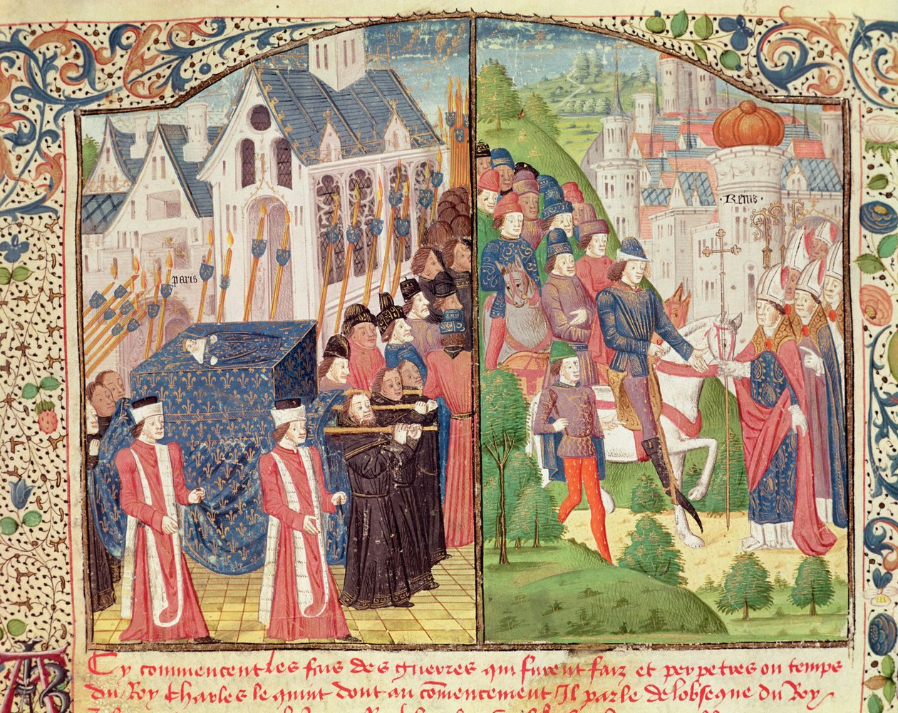 ジャン・フロワサール (c.1337-c.1405) による「年代記」の写本からの、1270 年のパリでのセントルイスの葬儀と 1364 年のランスへのシャルル 5 世の到着が、大聖堂で王に戴冠した。 作： フランス語学校