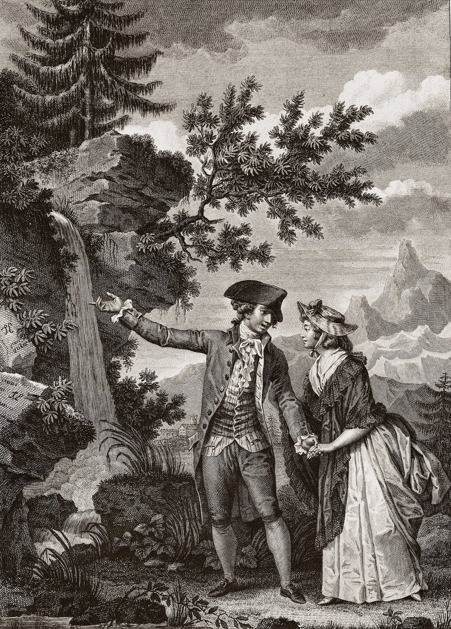 スイスの哲学者Jean Jacques (Jean-Jacques) Rousseau (1712-1778)の「Julie ou la nouvelle Heloise」のための1793年のサン・プレオとジュリーのエングレーヴィング - Julie and Saint-Preux, illustration from 