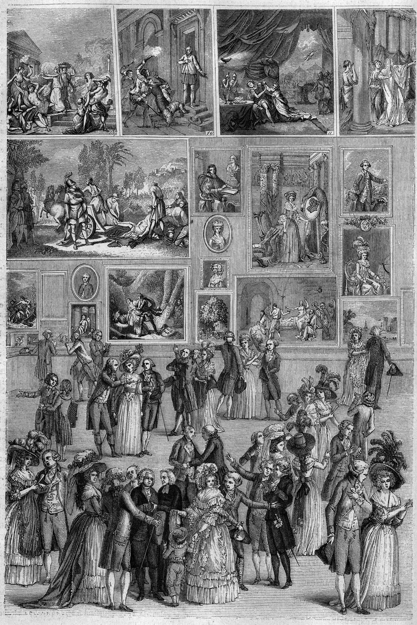 1787年のサロン：パリで開催された絵画展の際のルーヴル美術館のサロン・カレの様子。マルティーニによる "絵のある店 "でのエングレーヴィング 作： フランス語学校