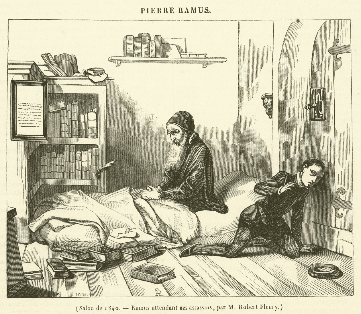 1840年のサロン、刺客を待つラムス（エングレーヴィング） 作： フランス語学校