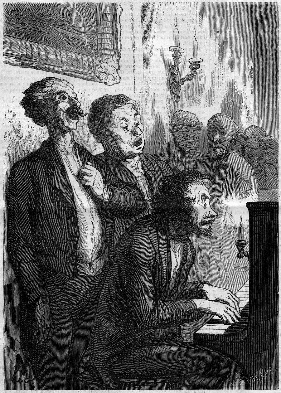 サロンの歌手たち。オノレ・ドーミエ（1808-1879）の漫画。1862年11月1日付「Le Monde Illustré」290号に掲載された版画。 作： フランス語学校