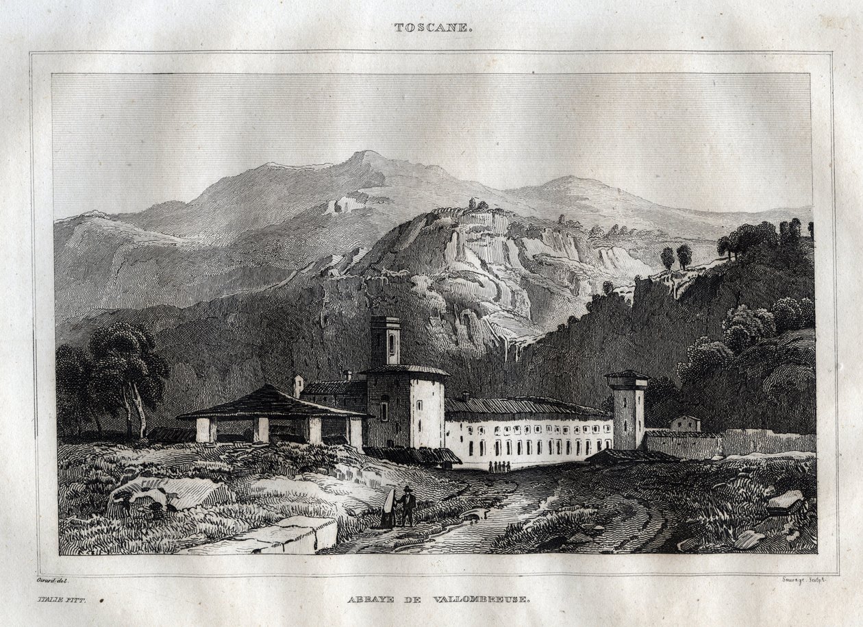 Santa Maria di Vallombrosa トスカーナ州レッジョ市にあるベネディクト会修道院 - Vallombrosa Abbey - M. de Norvins, Ch. Nodier 1834-1836による "Italy Picturesque" - History and Descriptive Painting of Italyからのエングレーヴィング。 作： フランス語学校