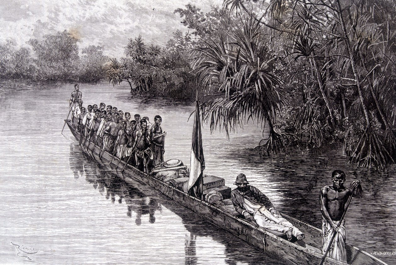 西アフリカのパンダナスでカヌーに乗っているブラザのサヴォルグナン - 1887年第2週の「Tour du Monde」にて 作： フランス語学校