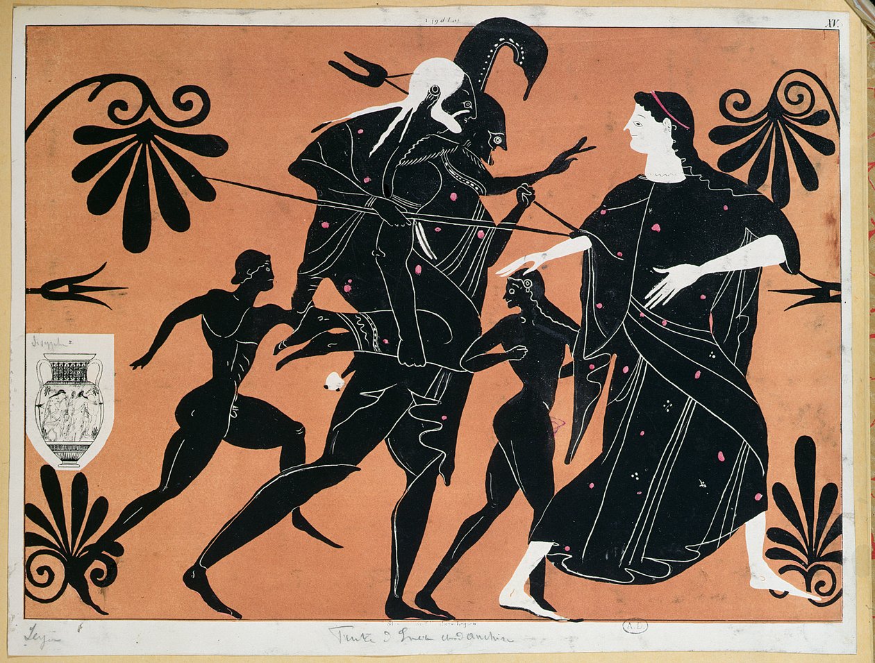 古代ギリシャの壺で、トロイから息子たちとアイネイアスが飛び、父親の