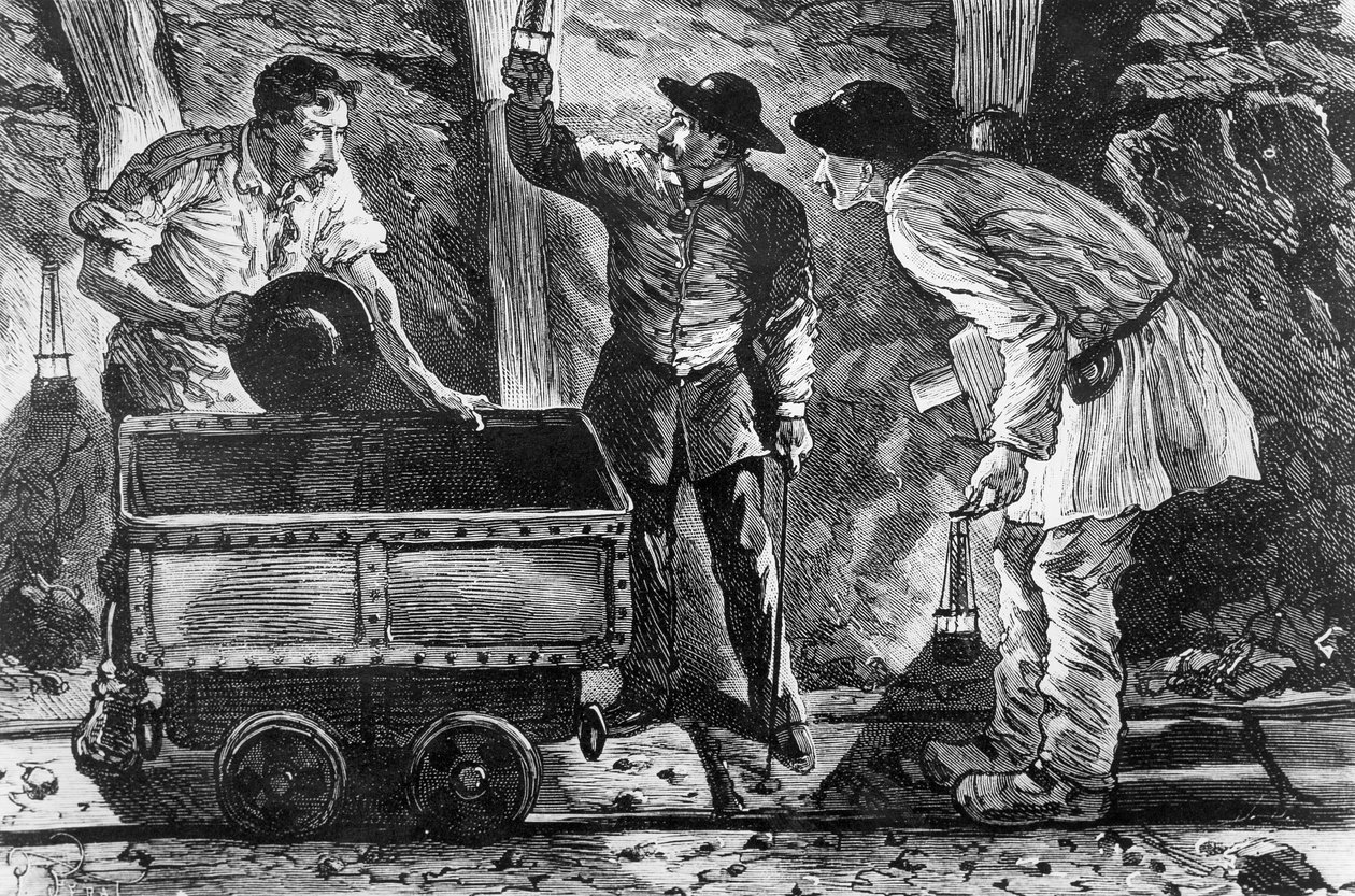 炭鉱でのシーン、エミールゾラ（1840-1902）によるジェルミナルのイラスト、1886 作： フランス語学校