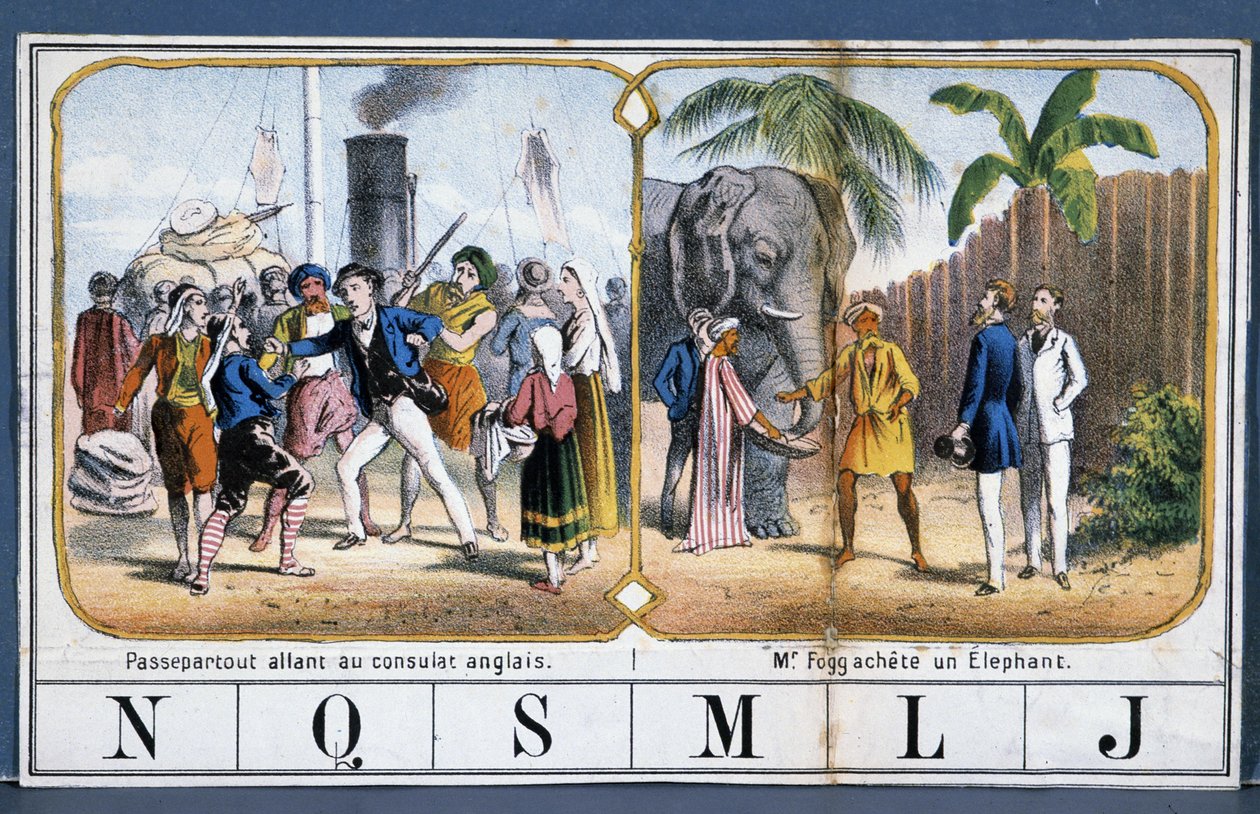 インドでのパスパルトゥーとフィリアス・フォッグの場面、ジュール・ヴェルヌのゲーム「世界旅行」より、19世紀後半。 作： フランス語学校