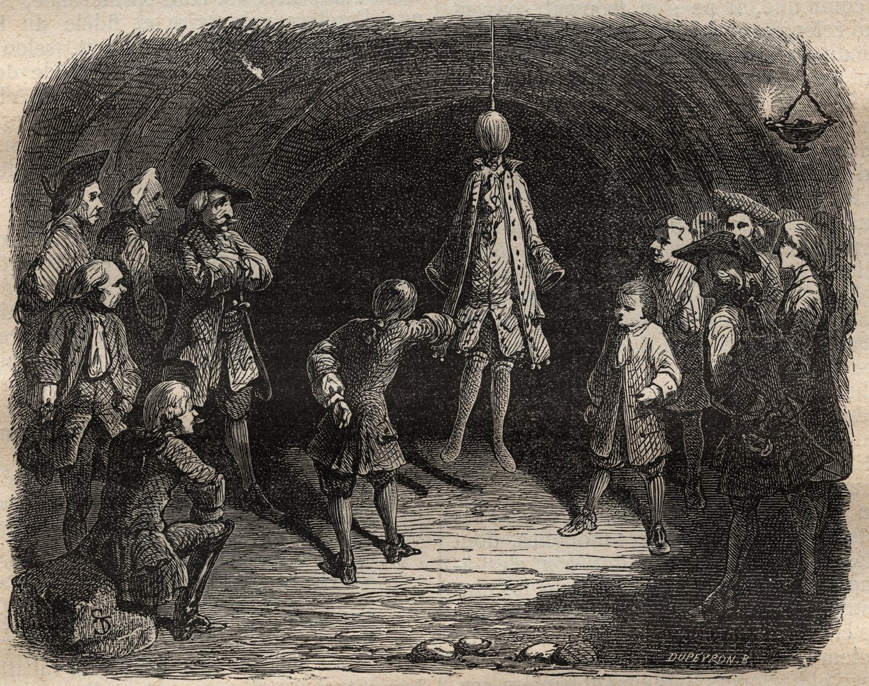 ルイ・ドミニク・ガルトハウゼン・ディット・カートリッジ（1693-1721）がパリの職業で作った泥棒の学校：天井から吊るされたモデルは、銃声の雨を浴びるという罰則のもと、動かずにポケットを空にしなければならない - 泥棒の学校 作： フランス語学校