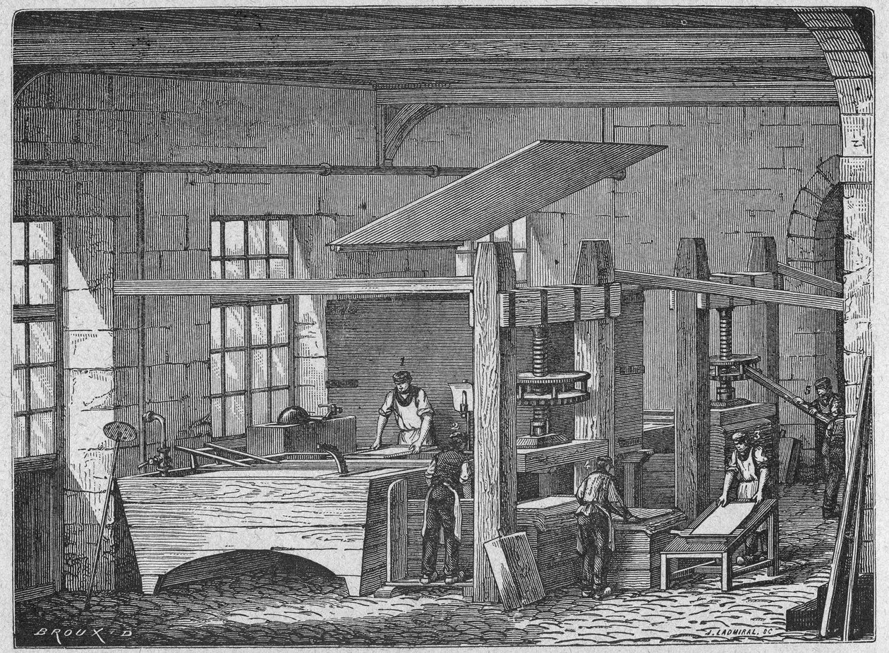 化学。 製紙。 手作りの紙。 彫刻: 偉人たちと産業の偉大な事実、フランス、1880 年頃 (彫刻) 作： フランス語学校