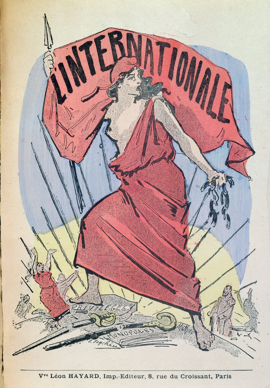 曲LInternationaleのスコア、c.1900（カラー彫刻） 作： フランス語学校