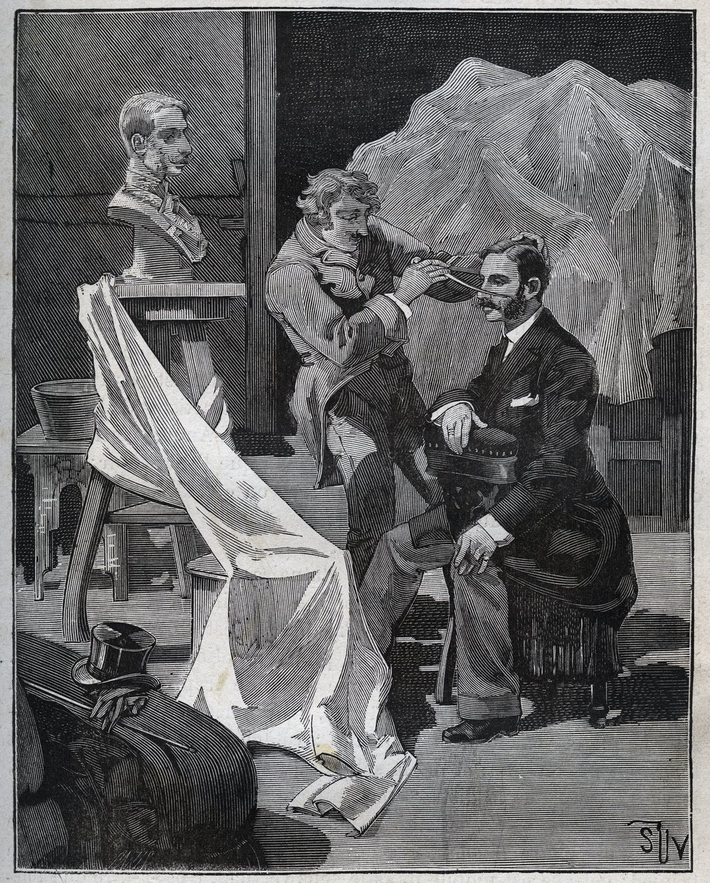 彫刻、彫刻家のアトリエ、胸像の焦点と彫刻。Adolphe BITARDの "Les arts et metiers illustres "に掲載された1880年のエングレーヴィング。 作： フランス語学校