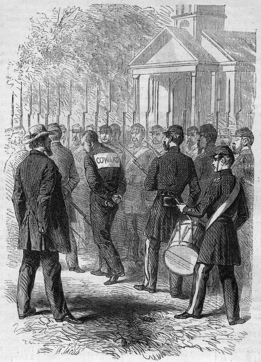 分離独立戦争（1861-1865）またはアメリカ南北戦争：戦闘中にヘテをしたと非難された北部兵器の兵士の処罰。両手を縛られ、背中に「Lache」の印をつけられた彼は、太鼓の音とともにキャンプを横切る。Le Monde Illustré" n°に掲載されたエングレーヴィング。 作： フランス語学校