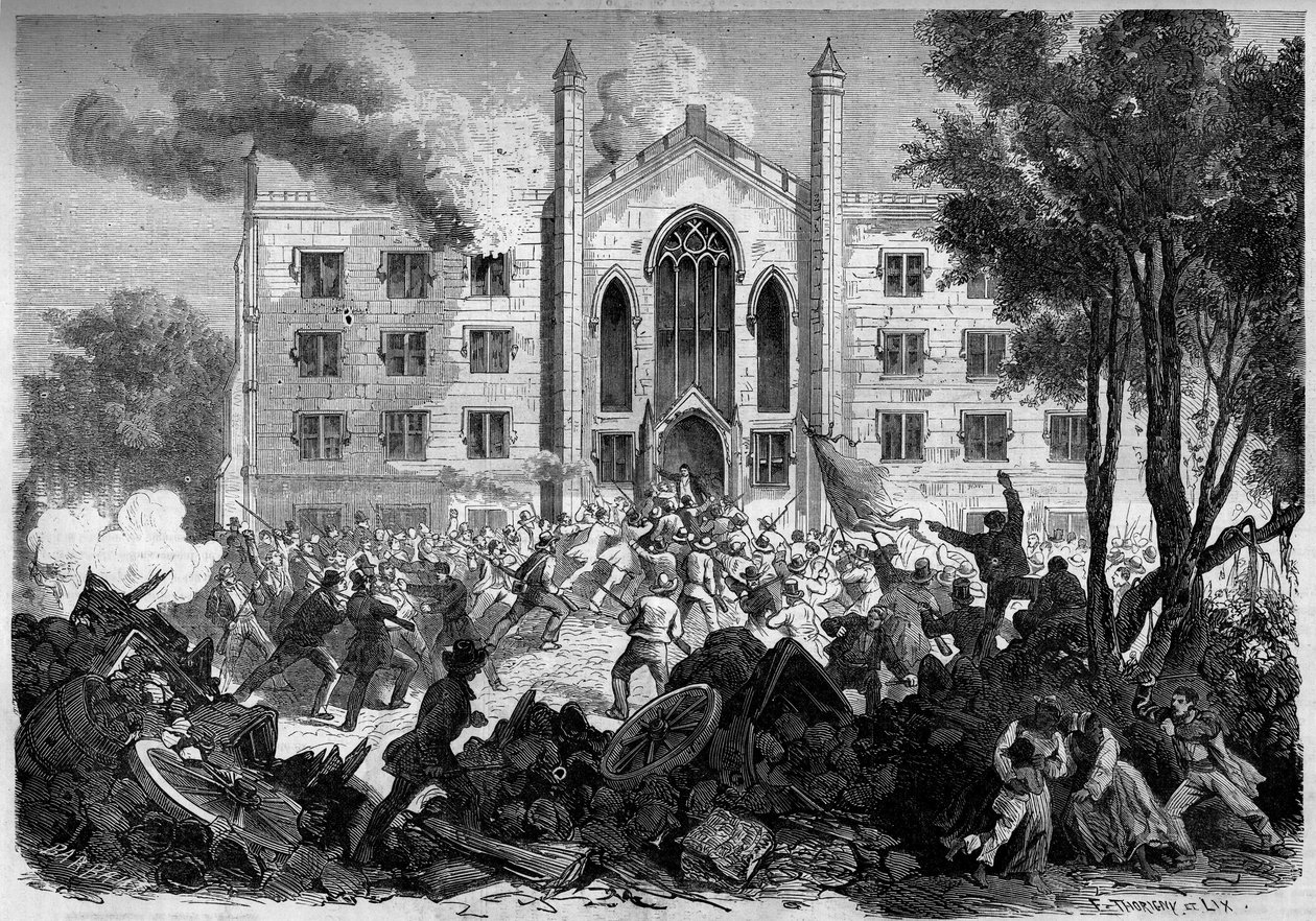 分離独立戦争またはアメリカ南北戦争（1861年～1865年） - ニューヨーク - 1863年7月： 徴兵制に反対する反乱軍が、「ドラフ暴動」の際にニューヨーク市の有色人種孤児の保護施設に火を放った。8月15日付「Le Monde Illustré」No.331に掲載された図版 作： フランス語学校