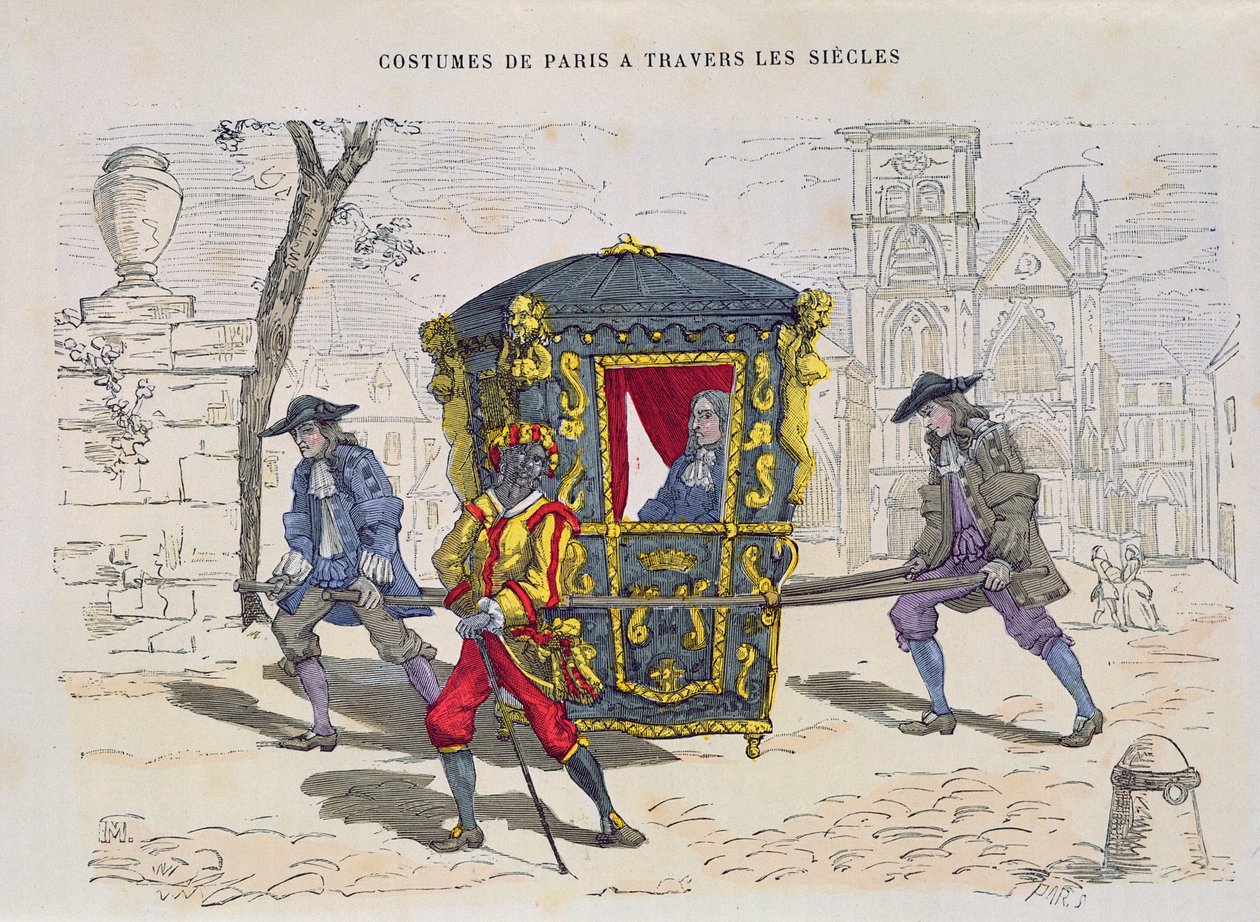 16世紀のセダンの椅子、コスチュームドパリトラヴェルレシークルス、1887年発行（カラー彫刻） 作： フランス語学校