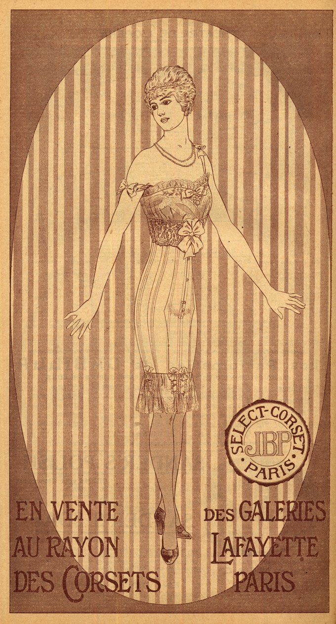 パリのギャラリー・ラファイエットのコルセット売り場で販売されているJPBのコルセットを選択 - 1914年 作： フランス語学校